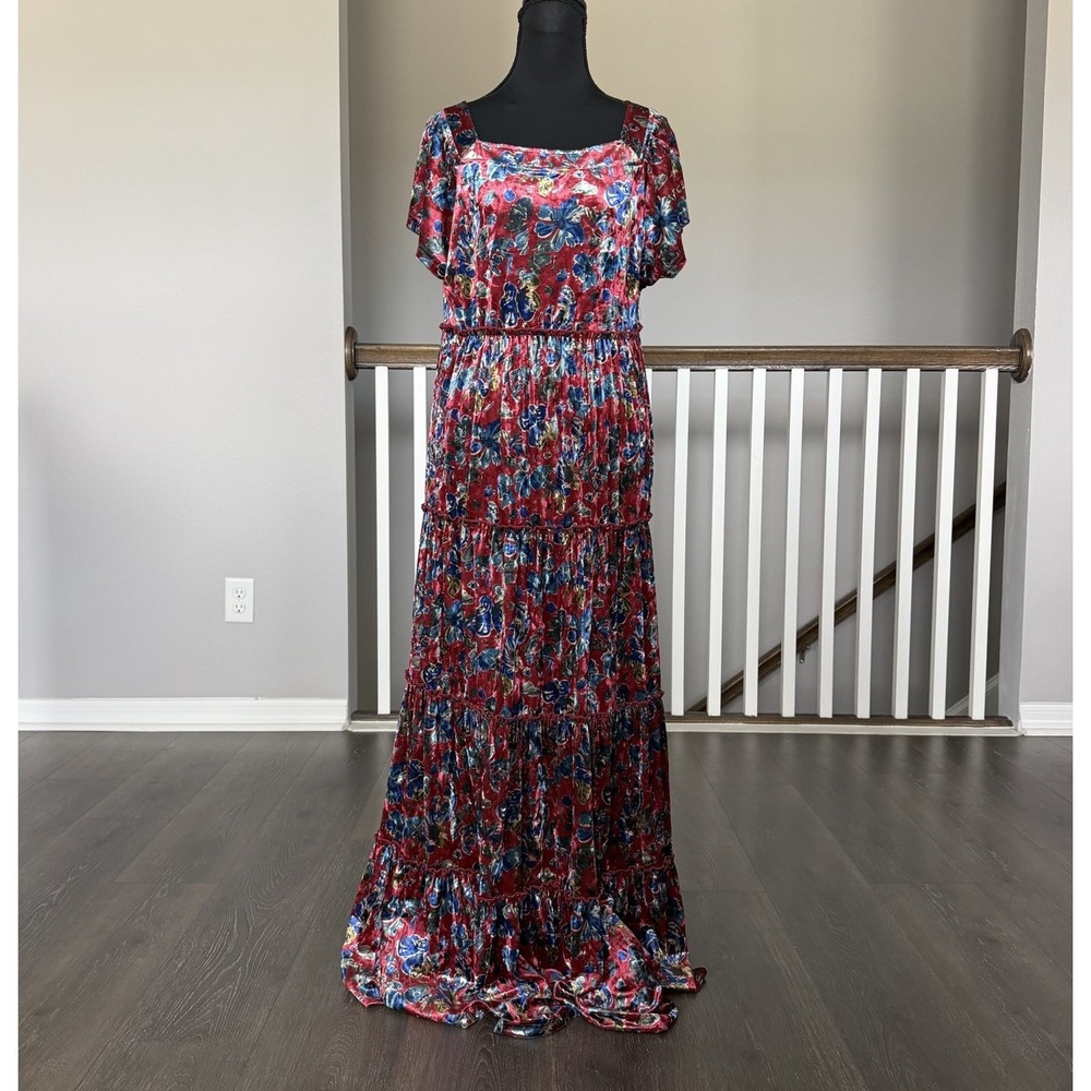 Natural Life Tiered Floral Velvet Maxi Dress Medium Boho Cottage Whimsigoth